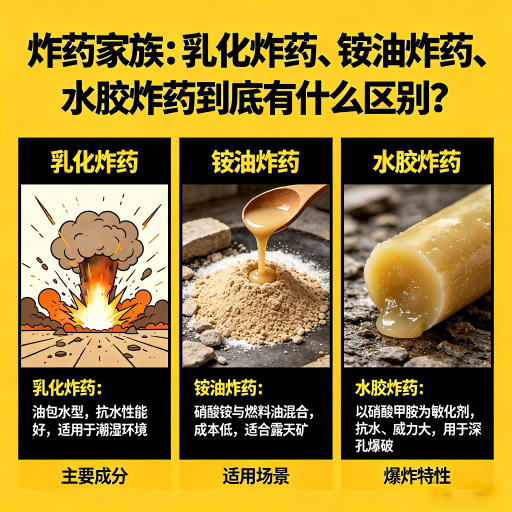 合山炸药家族：乳化炸药、铵油炸药、水胶炸药到底有什么区别？
